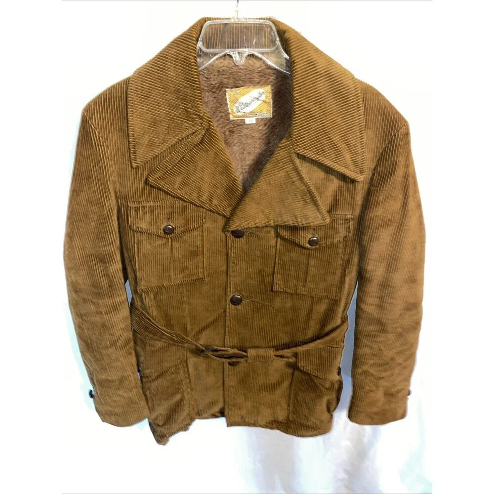 Weathercaster Men’s Corduroy Coat Size Medium Brown Fleece Lined Belted Outdoors - Picture 1 of 12